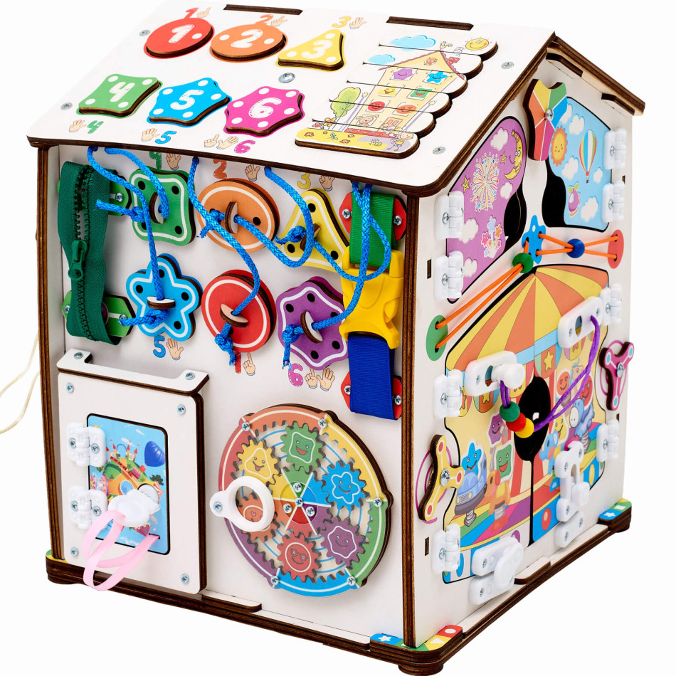 Бизиборд домик развивающий Смайлики на аттракционе 30х35 см со светом